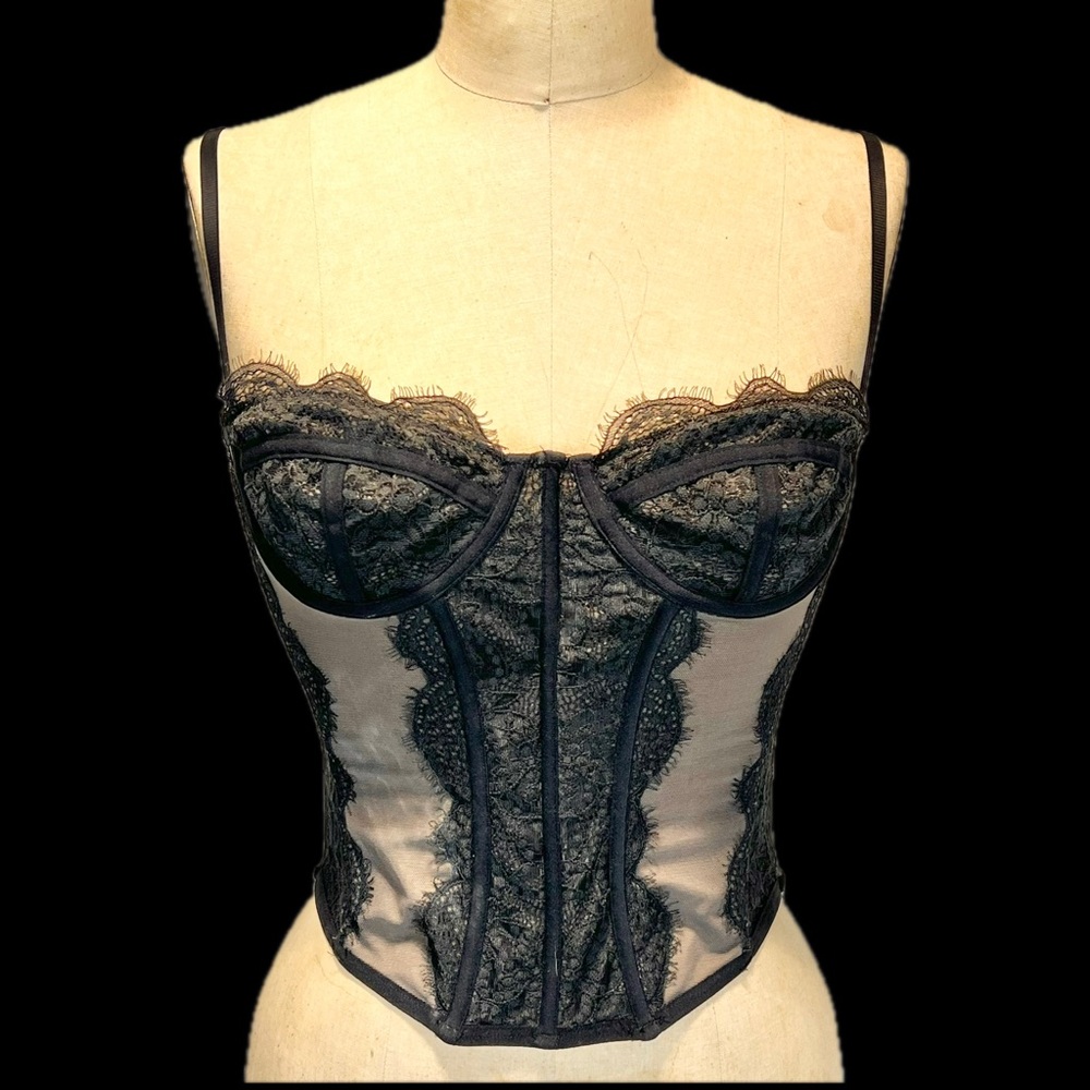 Corset black lace mesh lingerie shapewear bra boned structured whimsigoth witchy